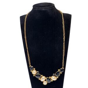 Faux Pearl Cabochon Gold Tone Necklace 16" Unsigned Chunky